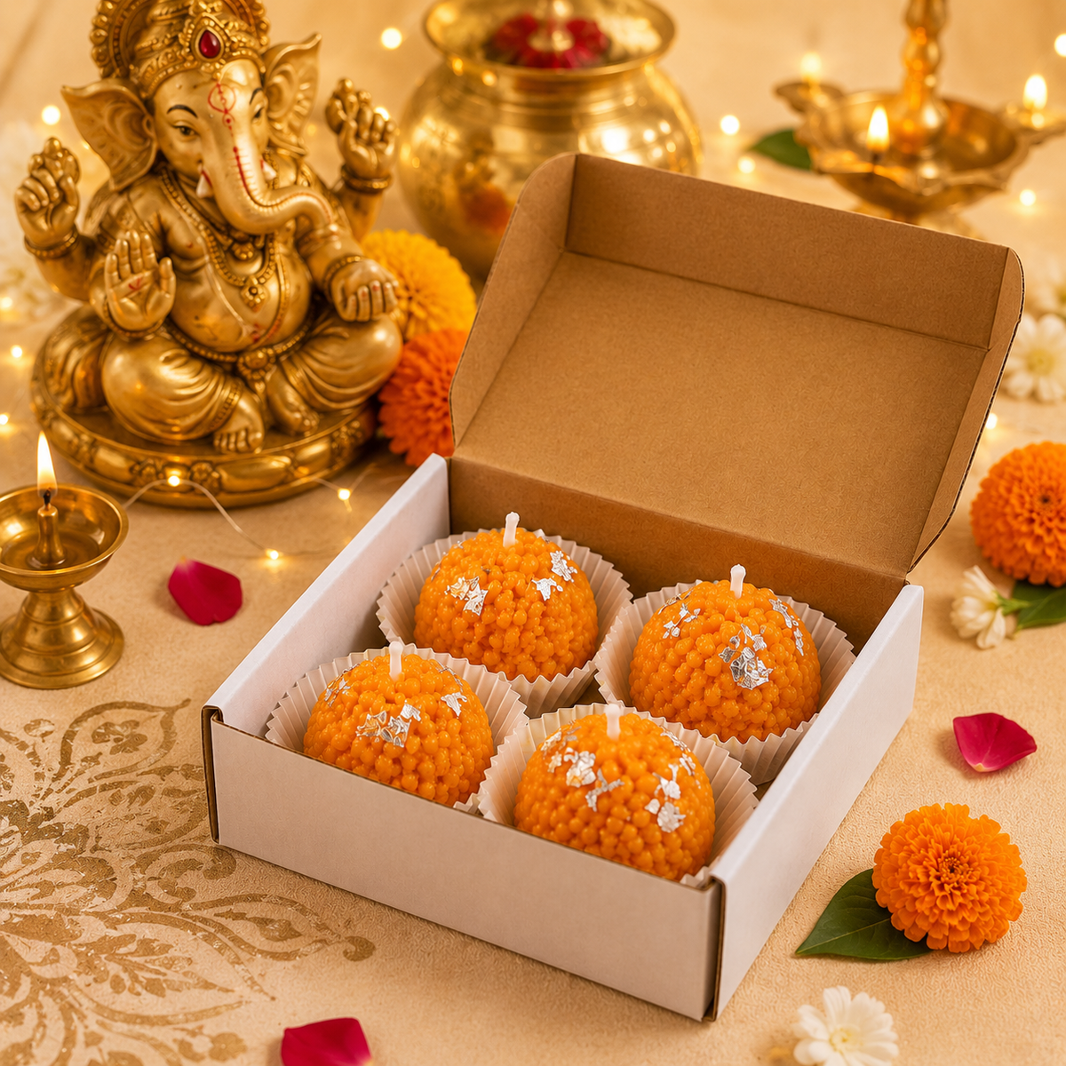 Set of 4 Laddoo Candle Box - Festive Collection | Kesar Chandan Scented Candle | Perfect For Festive Decor and Gifting