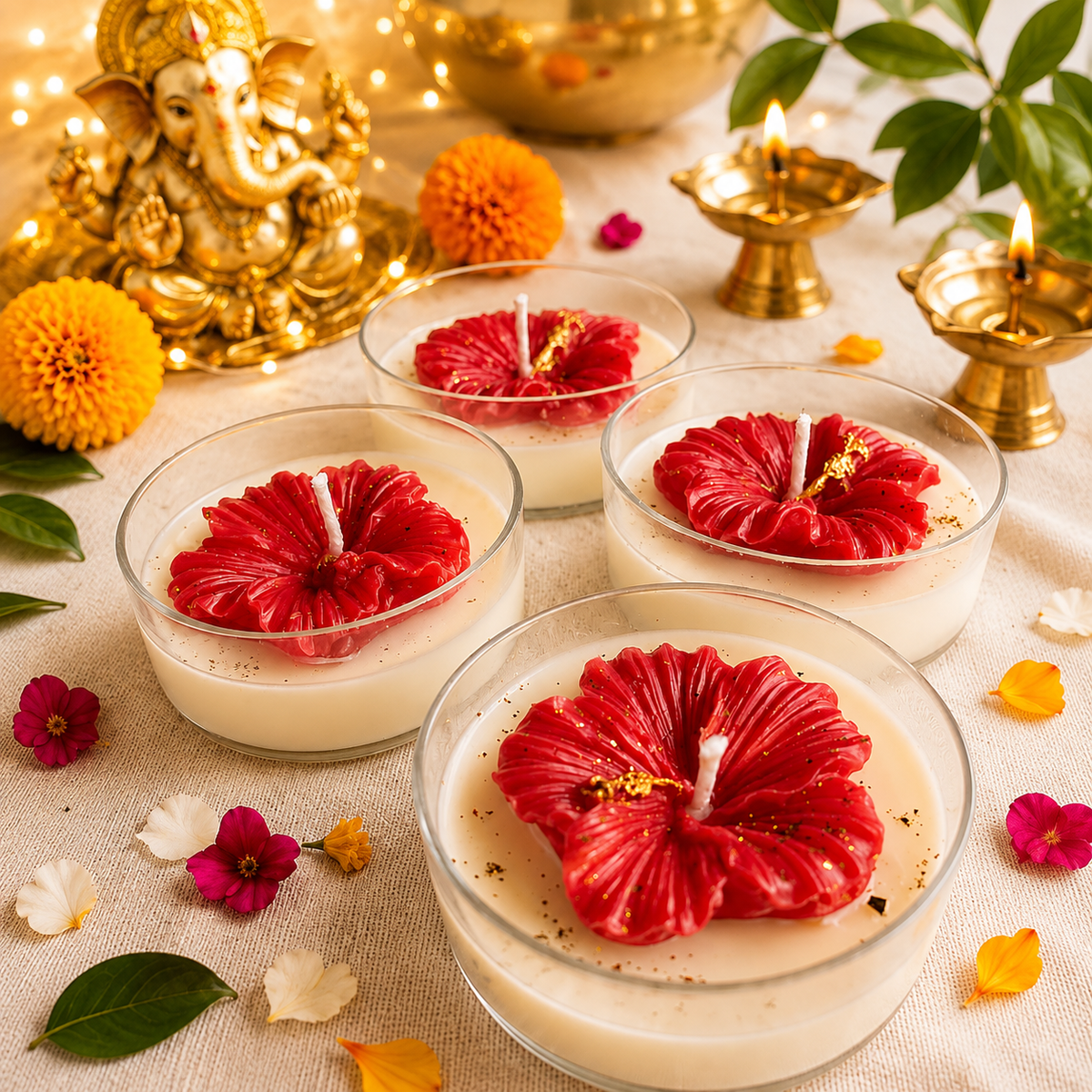 Hibiscus Tealight Candles (Set of 4) - Festive Collection | Rajanigandha Scented Candle | Perfect For Festive Decor and Gifting