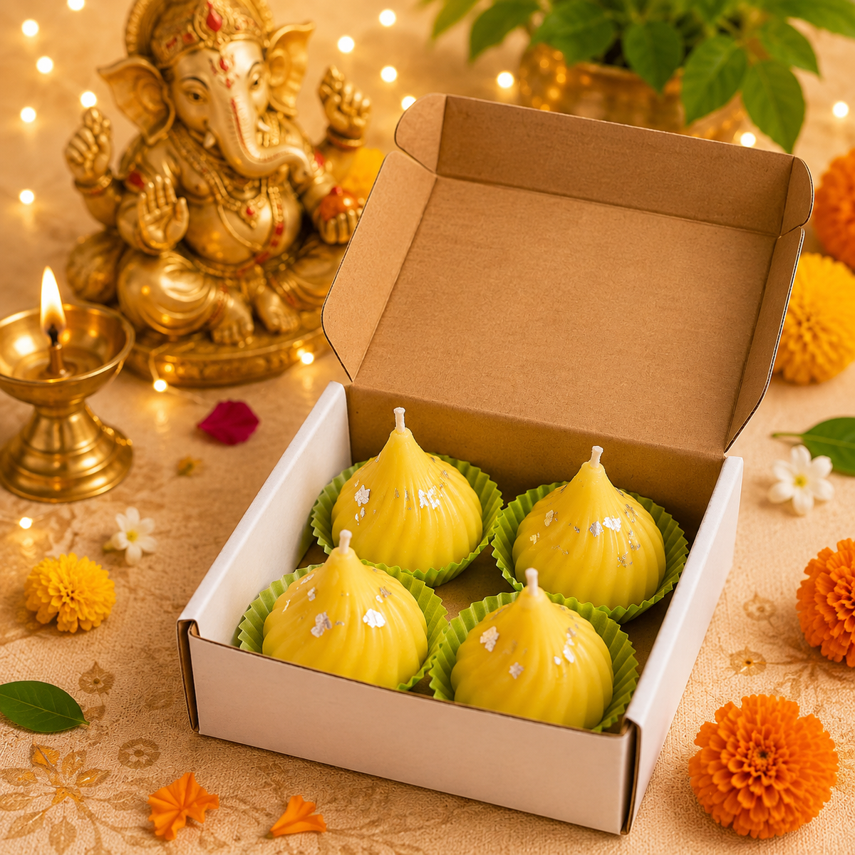 Set of 4 Modak Candle Box - Festive Collection | Jasmine Scented Candle | Perfect For Festive Decor and Gifting