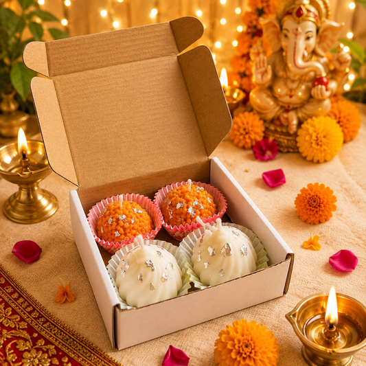 Set of 4 Modak+Laddoo Candle Box - Festive Collection | Kesar Chandan Scented Candle | Perfect For Festive Decor and Gifting